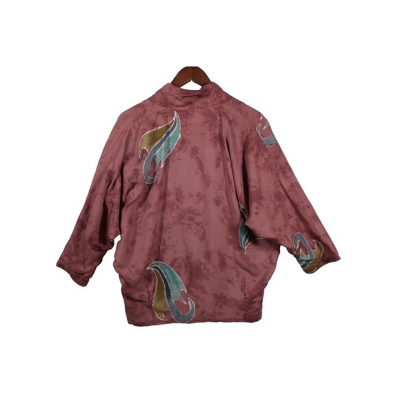 Batik Indonesian Artsy Jacket Art to Wear  Boho 100% Rayon Pink Umbrellas Coin S - Picture 8 of 9